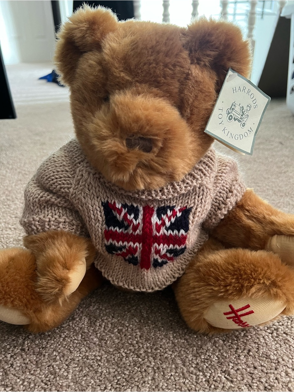 Harrods Tan bear with Sweater with Red, Navy & White Union Jack
